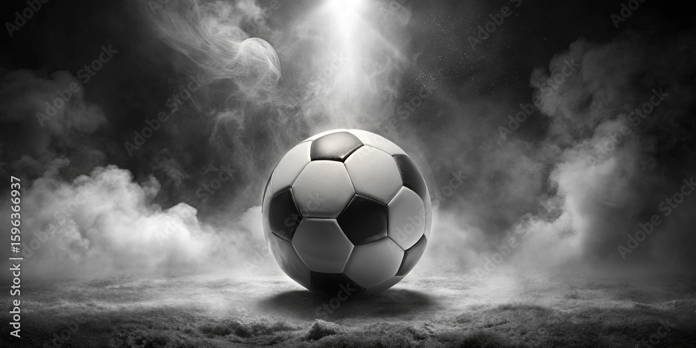Fototapeta premium A Dramatic Monochrome Image of a Soccer Ball Resting on a Smoky, Dusty Surface, Illuminated by a Single Light Source