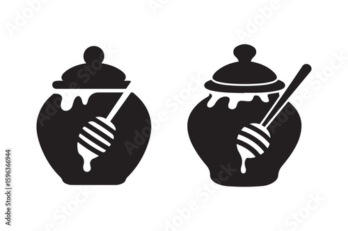 Collection of Honey Pot and Dipper Silhouette Icons - Ideal for Natural Sweetener and Bee Products
