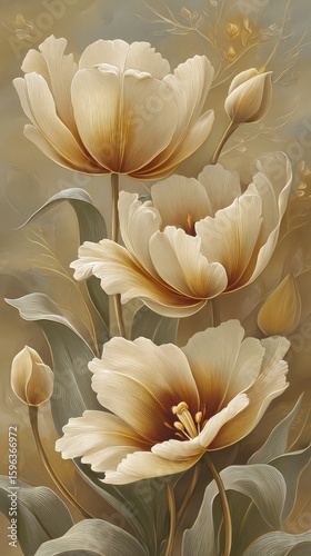 Delicate Cream And Gold Tulips Floral Art Piece