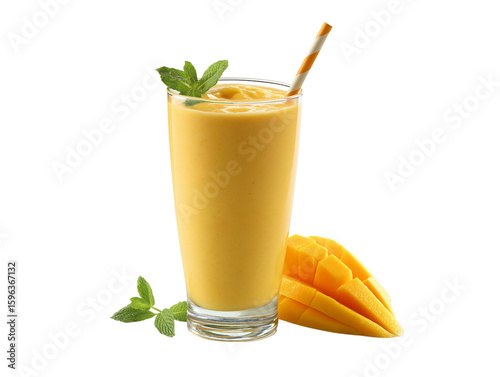 A refreshing mango smoothie with fresh mango slice and mint leaves, offering a tantalizing taste of tropical bliss.