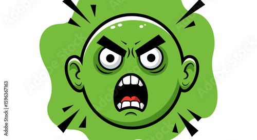 Cartoon Green Face Expressing Intense Anger and Rage.