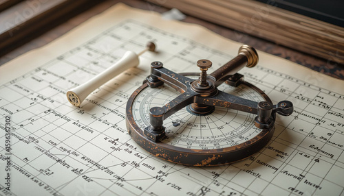 Antique navigational instrument on aged nautical map background  