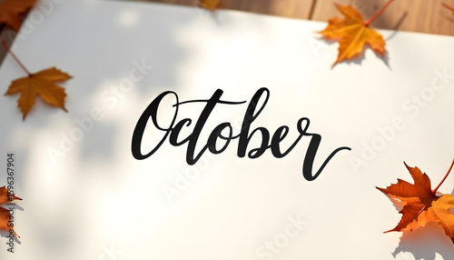 High resolution minimalistic greeting card with calligraphy October in black color and fall leaves around on wooden table. Perfect for seasonal decoration, autumn-inspired projects, planners, posters