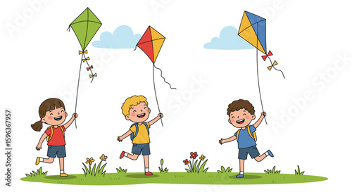 Children Playing with Colorful Kites on a Sunny Day.