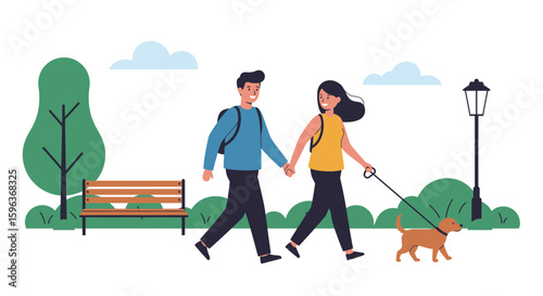 Couple Walking Dog in Park Holding Hands.