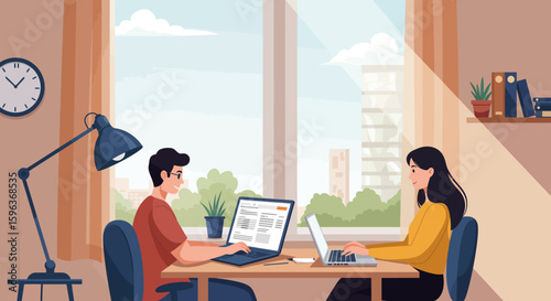 Two People Working Together at Desks with Laptops.