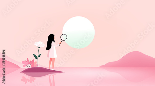 A girl stands in the middle of the lake and looks at the moon through a magnifying glass.