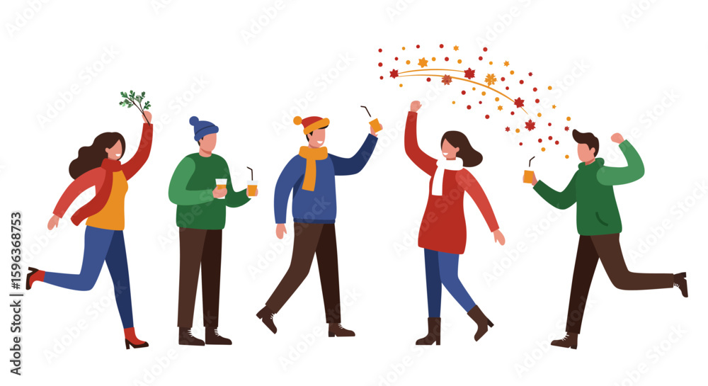 Obraz premium Cheerful Group of People Celebrating Winter Season.
