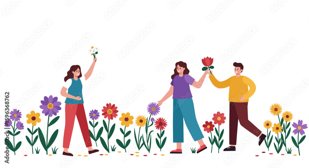 Fototapeta premium Three People Enjoying Flowers in a Garden Illustration.