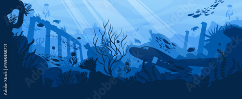 Underwater world silhouette with fish, ruins, plane wreck, and sea creatures. Ideal for backgrounds, marine themes, and scuba diving illustrations.