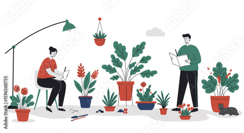 People Studying Plants with Notebooks and Cat.