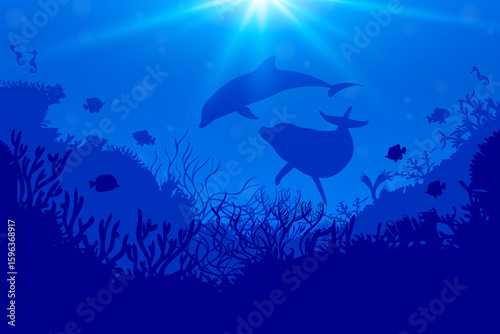 Underwater silhouette with dolphins, fish, coral reef, and sun rays. Ideal for ocean life backgrounds, marine education, and aquatic themed designs.