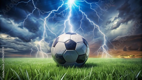 A soccer ball rests on a vibrant green field, a dramatic storm with intense lightning strikes forming a breathtaking backdrop
