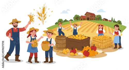 Farmers Harvesting Crops on a Sunny Farm Scene.