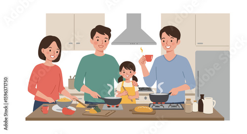 Family Cooking Together in a Kitchen Preparing Food.