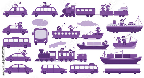 Purple Transportation Vehicles with Cheerful Passengers Singing.