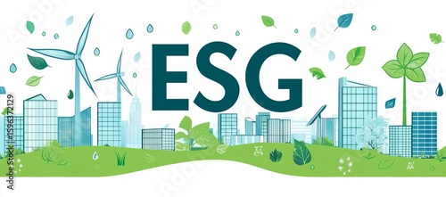 ESG Eco-friendly city skyline with wind turbines and green spaces