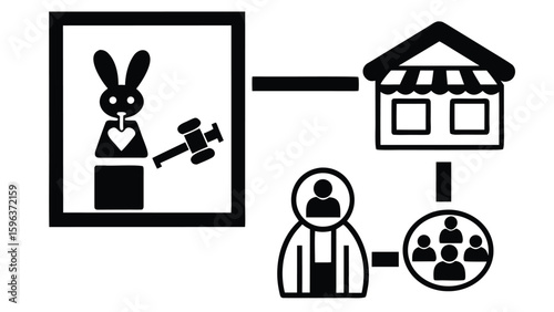 Black and white icon set depicting business and community icons gavel