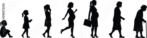 Comprehensive silhouette progression of a woman's life from baby to elderly, showcasing human development, aging process, and the full span of female existence for diverse projects.