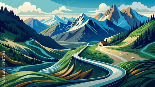 Grossglockner Alpine Road winds gracefully through alpine scenery, captured in a panoramic view. The curvy path and rugged peaks shine brightly against a clean white background for detailed vector art