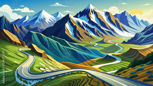Grossglockner Alpine Road winds gracefully through alpine scenery, captured in a panoramic view. The curvy path and rugged peaks shine brightly against a clean white background for detailed vector art