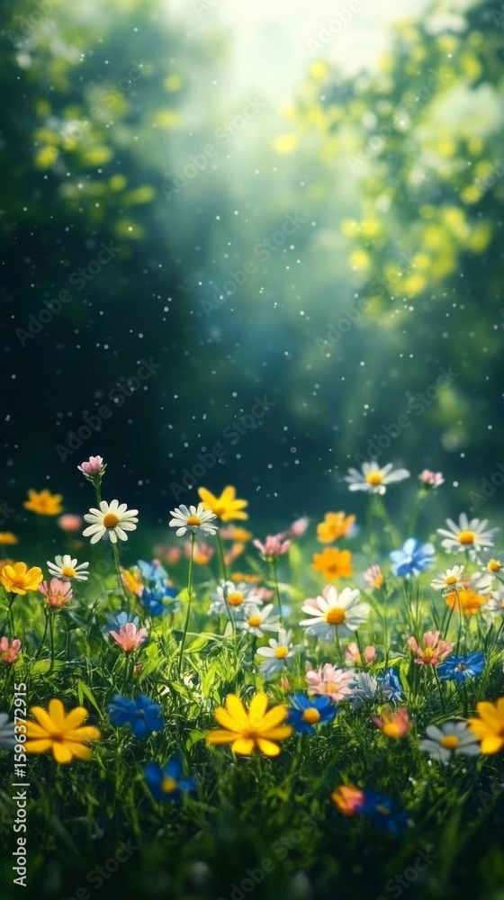 Obraz premium Colorful Flower Field with Sunlight Streaming Through the Trees