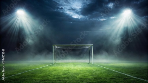 A dramatic nighttime scene of an empty soccer field with goal under stadium lights and fog