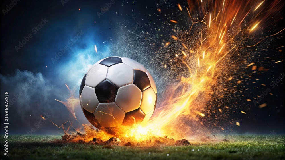Fototapeta premium Fiery Soccer Ball Impact Explosive Action Shot of a Football Bursting Through Flames and Sparks on a Lush Green Field