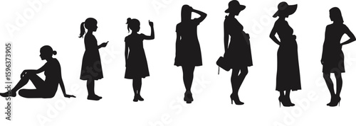 Stages of womanhood silhouette collection, depicting growth from childhood to adulthood and pregnancy, representing life's journey, development, and various female forms and experiences.