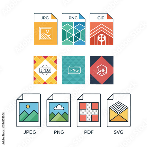 Colorful document format icons including jpg, png, gif, pdf and svg types

