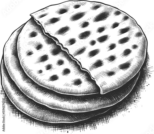 Golden & Fluffy Pita Bread linework vintage ink sketch hand drawn bread pen drawing illustration background vector