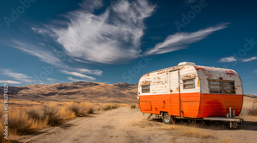 Old vintage rusty caravan trailer parked in the desert under scenic sky