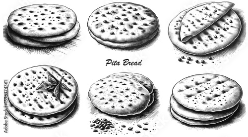 A Pita’s Journey Pita Bread linework vintage ink sketch hand drawn bread pen drawing illustration background vector