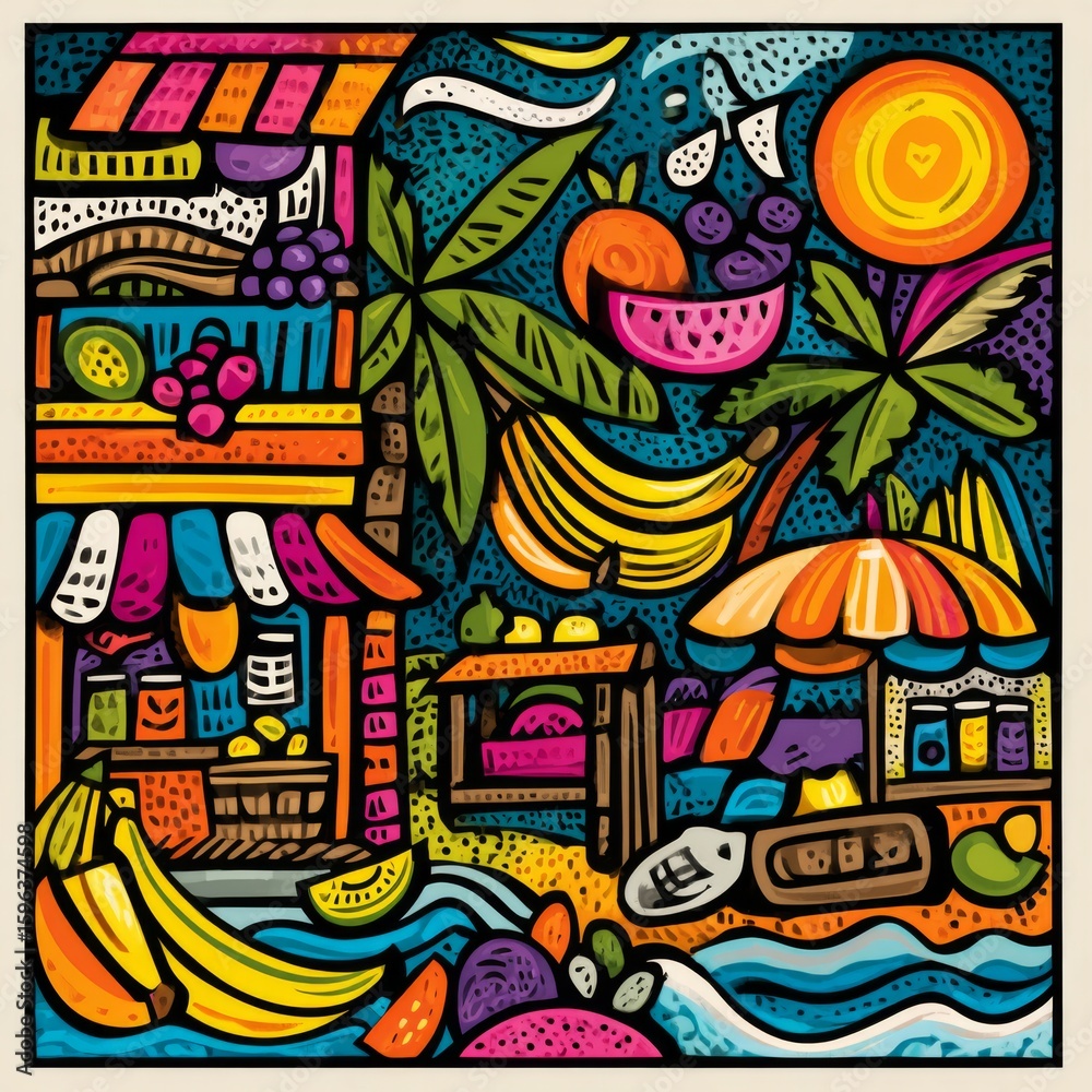 Fototapeta premium Colorful Beach Market Scene with Fruits, Palm Trees, and Relaxation Elements in Vibrant Artistic Style