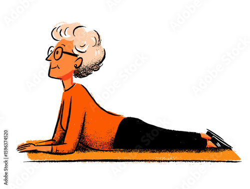 Elderly woman practicing yoga on mat with focused expression  