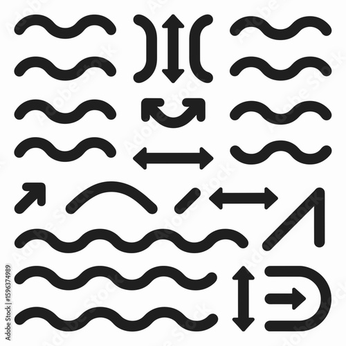 black and white vector icon sheet with curved wavy lines – suitable for graphic design, digital interfaces, or abstract backgrounds