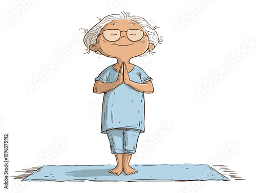 Elderly woman practicing yoga and smiling on a blue mat  