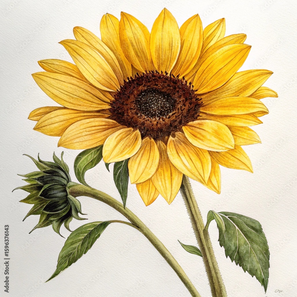 Naklejka premium A watercolor painting of a sunflower with a bud on a white background with green leaves