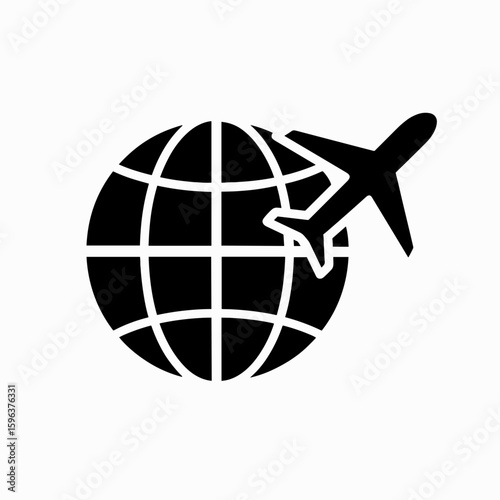 Globe with airplane overlay icon (filled) – global flight travel symbol