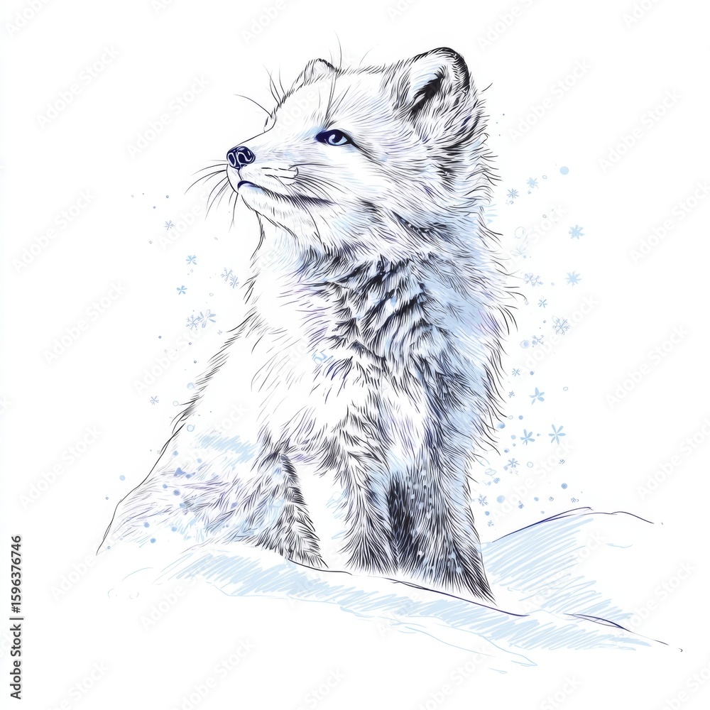 Obraz premium Elegant Arctic Fox in Winter Landscape with Snowflakes and Soft Fur Detailed Illustration for Nature and Wildlife Themes