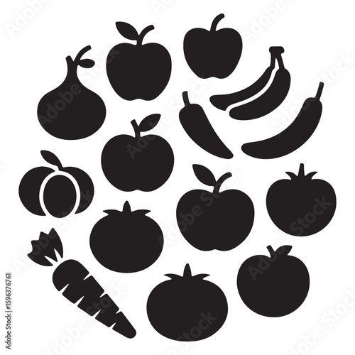 Minimalist black fruit and vegetable icons collection
