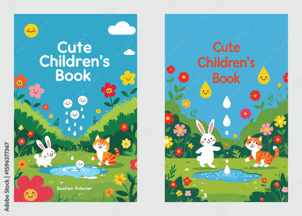 Fototapeta premium Cute Animals Playing In Garden With Water Drops Book Cover