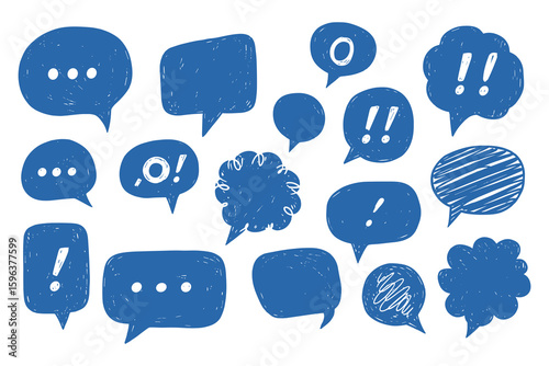 Blue Doodle Speech Bubbles Set, Hand Drawn Chat Elements, Different Shapes Vector Illustration