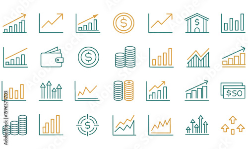 Business growth and financial progress icons with charts, coins and statistics

