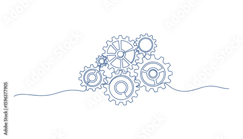 Blue Outline Gears Mechanism, Continuous Line Drawing, Teamwork, Technical and Engineering Design, Vector Illustration