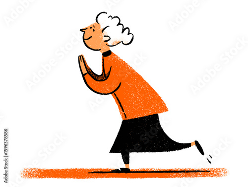 Cheerful elderly woman jogging in orange attire on white background  