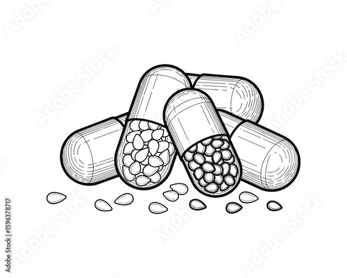 Capsule Pills Heap with Seeds Outline Style Medical Treatment Vitamin Supplement Vector Illustration