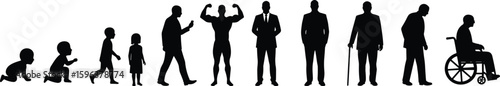 Human life cycle stages from infancy to old age, evolution of man, silhouette illustration representing growth, aging, development, and the journey of a person's lifespan.