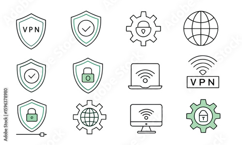 Secure vpn and network protection icons with shield, gear and lock symbols

