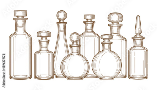 Collection of Glass Bottles and Decanters, Outline Drawing. Bottles with Stoppers, Engraving Style, Isolated. Vector Illustration.